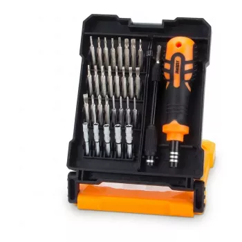 Synergy 21 25-in-1 Präzisions-Schraubendreher-Set mit Bits, Pinzette, Öffnungswerkzeugen, Saugnapf, SIM-Auswurfstift, Verlängerungsstab, magnetischen Spitzen, drehbarer Kappe, S2-Legierungsstahl-Bits, Aluminiumgriff, Kunststoffkoffer