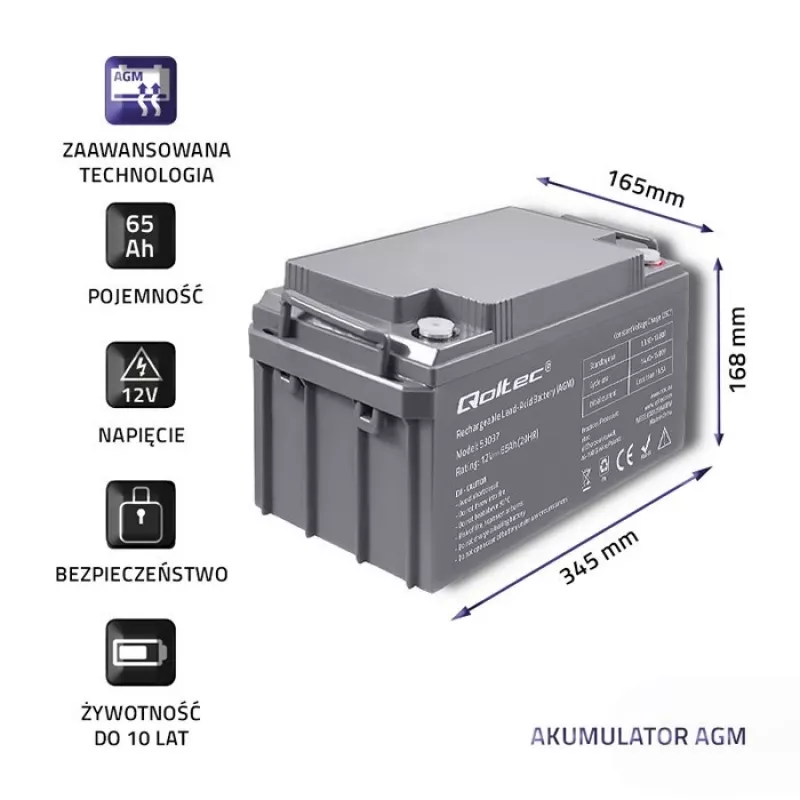 Qoltec 53037 AGM-Batterie 12V 65Ah max 780A