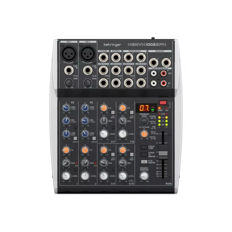 Behringer XENYX 1002SFX Audio Mixer mit 10 Eingängen, 2 XENYX Mikrofonvorverstärkern, 3-Band EQ, KLARK TEKNIK FX Prozessor, 100 Presets