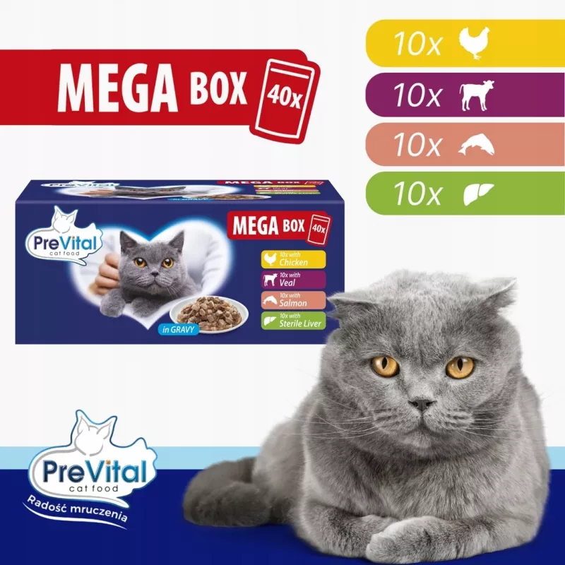 PREVITAL Mega Box Kalb, Lachs, Leber, Huhn - Nassfutter für Katzen - 40x100g