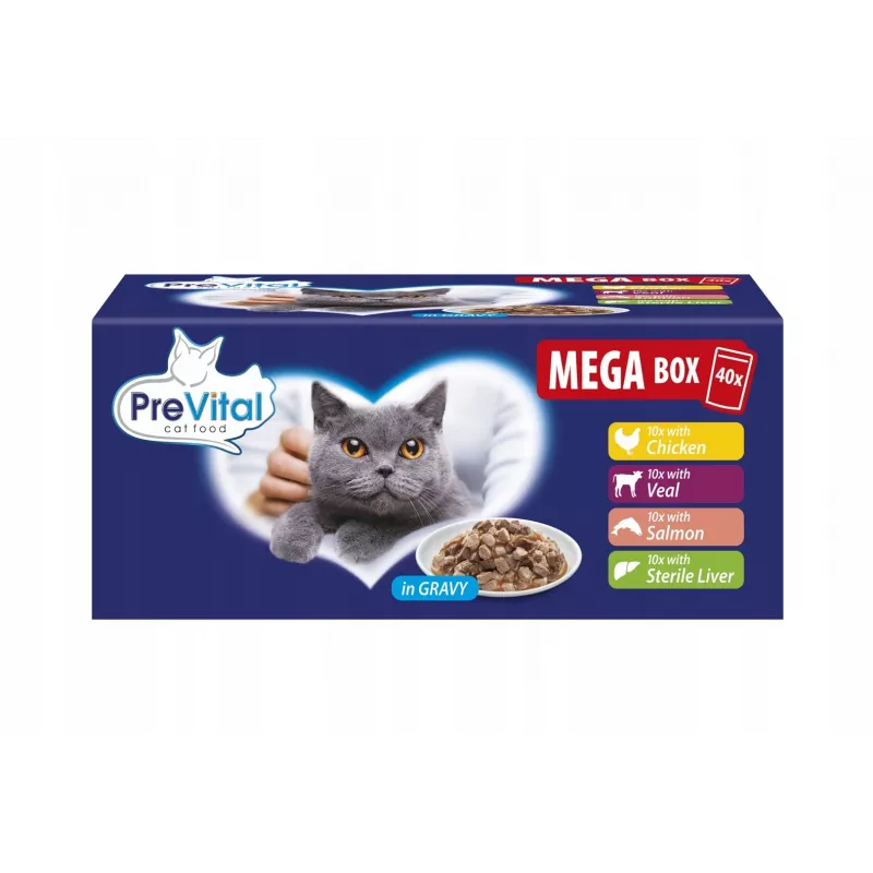 PREVITAL Mega Box Kalb, Lachs, Leber, Huhn - Nassfutter für Katzen - 40x100g