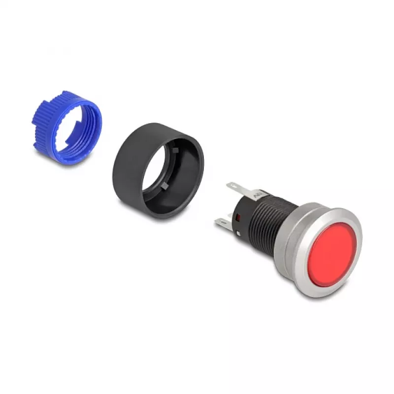Delock 22 mm Einbau-Drucktaster, flach, rote LED, Lötanschlüsse, 1 NO, 230 V AC/DC