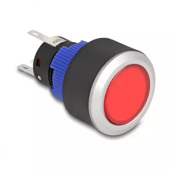Delock 22 mm Einbau-Drucktaster, flach, rote LED, Lötanschlüsse, 1 NO, 230 V AC/DC