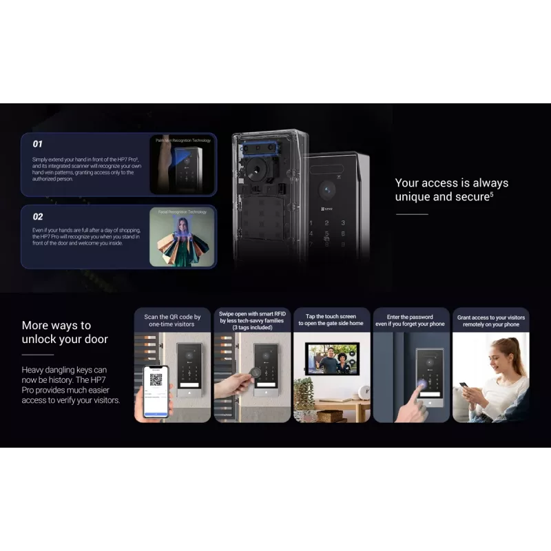 EZVIZ HP7 Pro 4K IP Video-Türsprechanlagen-Kit mit 7-Zoll-Touchscreen-Monitor, Wi-Fi 6, Handflächenscanner, Gesichtserkennung, RFID, IP65-Türstation