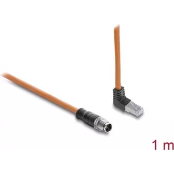 Delock M12 auf RJ45 Kabel X-kodiert 8-polig Stecker gerade auf Stecker abgewinkelt nach oben S/FTP geschirmt Cat.6A 1 m Orange