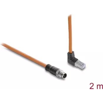 Delock M12 X-codiert 8-polig Stecker gerade auf RJ45 Stecker nach oben abgewinkelt S/FTP geschirmt Cat.6A Patchkabel 2 m Orange