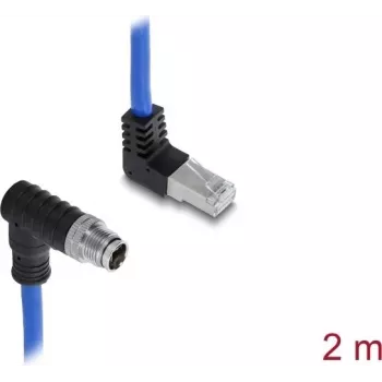 Delock M12 Kabel X-codiert 8-polig Stecker abgewinkelt nach unten auf RJ45 Stecker abgewinkelt nach oben S/FTP geschirmt 2 m Blau (81012)