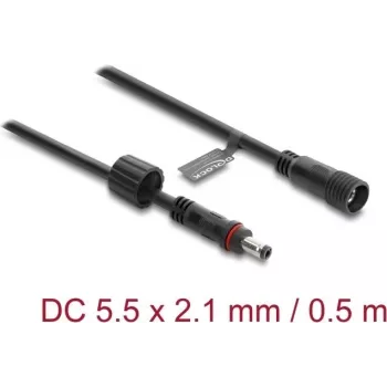 Delock DC-Verlängerungskabel 5,5 x 2,1 mm Stecker auf Buchse mit M12 x 1,75 mm Schraubverriegelung wasserdicht 18 AWG, 0,5 m Schwarz
