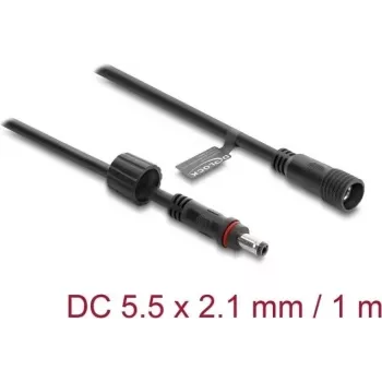 Delock DC-Verlängerungskabel 5,5 x 2,1 mm Stecker auf Buchse mit Schraubverriegelung M12 x 1,75 mm Gewinde wasserdicht 18 AWG, 1 m schwarz