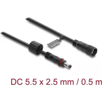 Delock DC-Verlängerungskabel 5,5 x 2,5 mm Stecker auf Buchse mit Schraubverriegelung M12 x 1,75 mm Gewinde wasserdicht 18 AWG, 0,5 m Schwarz (67385)