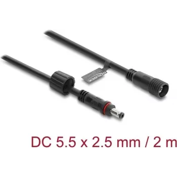 Delock DC-Verlängerungskabel 5,5 x 2,5 mm Stecker auf Buchse mit Schraubverriegelung M12 x 1,75 mm Gewinde wasserdicht 18 AWG, 2 m Schwarz