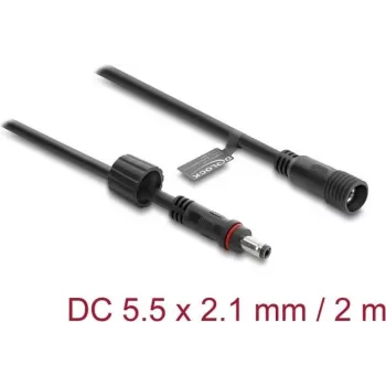 Delock DC-Verlängerungskabel 5,5 x 2,1 mm Stecker auf Buchse mit Schraubverriegelung M12 x 1,75 mm Gewinde wasserdicht 18 AWG, 2 m Schwarz (67384)