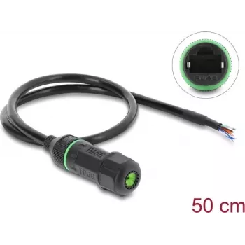 Delock RJ45 Buchse auf offene Kabelenden Cat.6 Panel-Mount-Kabel mit M16,8 x 1,5 mm Gewinde und Gehäuse 50 cm Schwarz (87181)