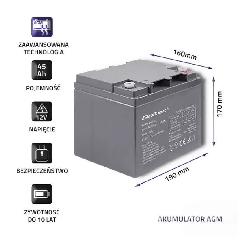 Qoltec 53035 AGM-Batterie 12V 45Ah 540A