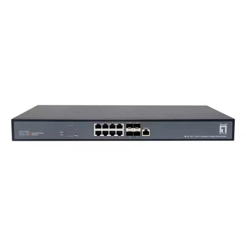 LevelOne 12-Port L3 Managed 10-Gigabit Switch, 8 x 1G/2.5G/5G/10G RJ45, 4 x 1G/2.5G/10G SFP+ Uplinks, 240Gbps Non-Blocking Fabric, 19-Zoll Rackmount