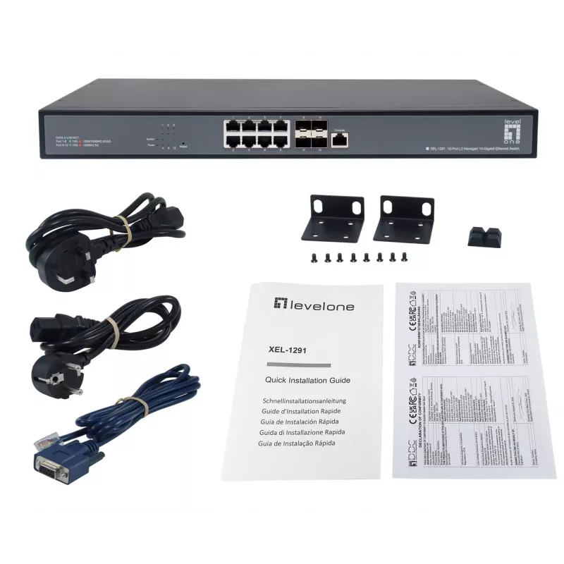 LevelOne 12-Port L3 Managed 10-Gigabit Switch, 8 x 1G/2.5G/5G/10G RJ45, 4 x 1G/2.5G/10G SFP+ Uplinks, 240Gbps Non-Blocking Fabric, 19-Zoll Rackmount