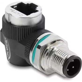 Delock M12 Adapter D-codiert 4-polig Stecker auf RJ45 Buchse Einbaugehäuse rund 90° abgewinkelt (90664)