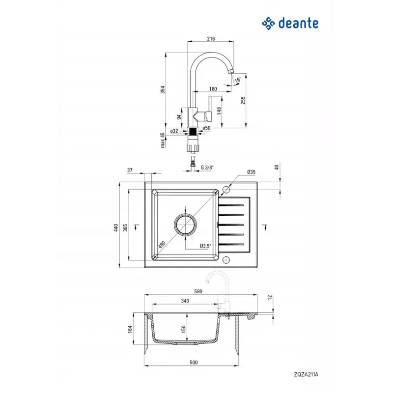 Deante Granit-Spüle mit Mischbatterie 1-beckige Spüle mit Abtropffläche Graphit Chrom Zorba