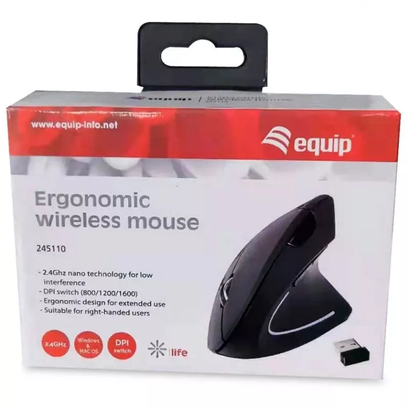 Equip 245110 Vertikale ergonomische Funkmaus - Rechtshänder - 2,4 GHz - USB-Empfänger - Schwarz