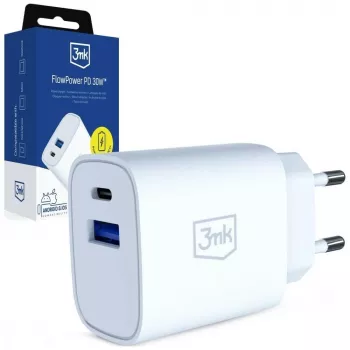 3MK FlowPower 30W USB-A USB-C PD 3.0 QC 4+ Wandladegerät Weiß