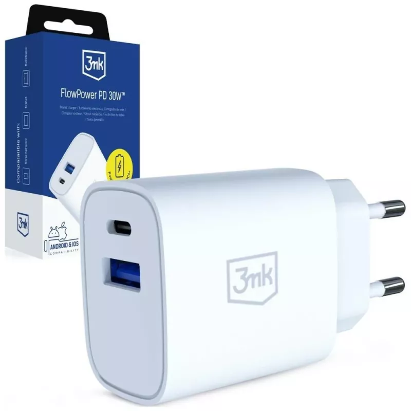 3MK FlowPower 30W USB-A USB-C PD 3.0 QC 4+ Wandladegerät Weiß