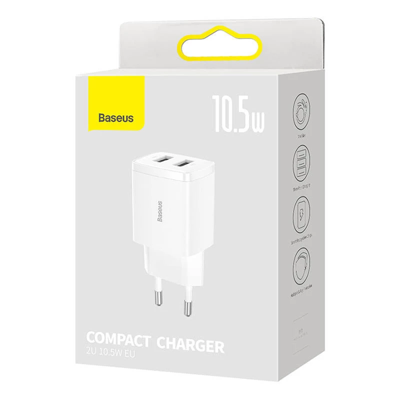Baseus Kompakt Universal Weiß AC Indoor Ladegerät 10,5W 2 USB-A Anschlüsse