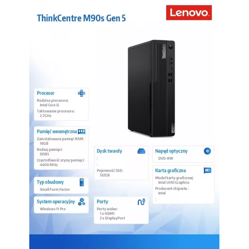 Lenovo ThinkCentre M90s Gen 5 SFF Desktop PC, Intel Core i5-14600, 16GB DDR5, 512GB SSD, DVD-RW, Wi-Fi, Bluetooth, Windows 11 Pro, Schwarz, 3J Vor-Ort + 1J Premier Support