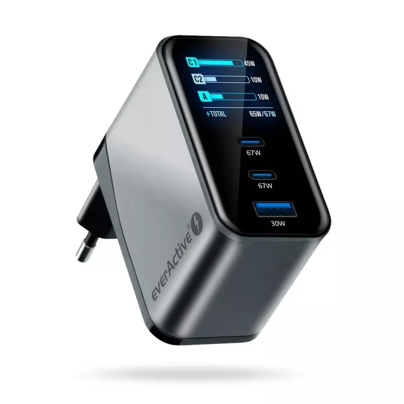 EVERACTIVE SC-670Q GaN 67W USB-C Ladegerät mit 2x USB-C und 1x USB-A, Quick Charge 4+, PD 3.0, Schwarz