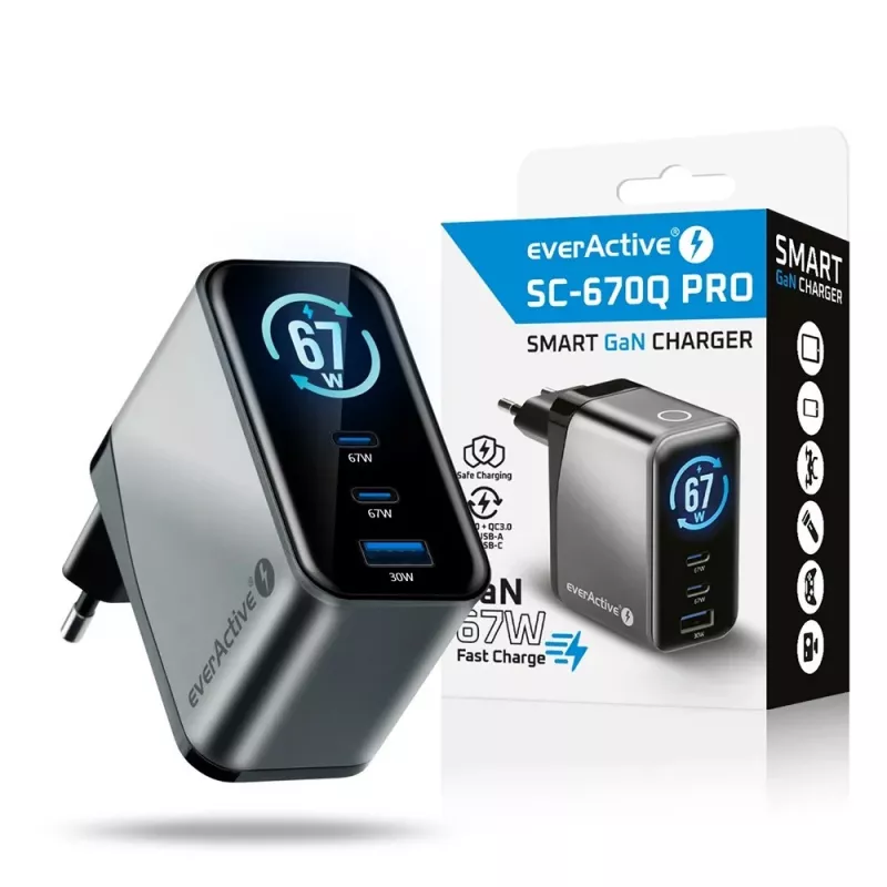 EVERACTIVE SC-670Q GaN 67W USB-C Ladegerät mit 2x USB-C und 1x USB-A, Quick Charge 4+, PD 3.0, Schwarz