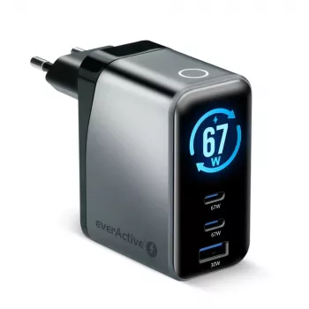 EVERACTIVE SC-670Q GaN 67W USB-C Ladegerät mit 2x USB-C und 1x USB-A, Quick Charge 4+, PD 3.0, Schwarz