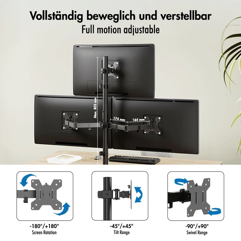 LOGILINK Triple Monitor Halterung für 17-27 Zoll Bildschirme, 10 kg pro Arm, Schwarz
