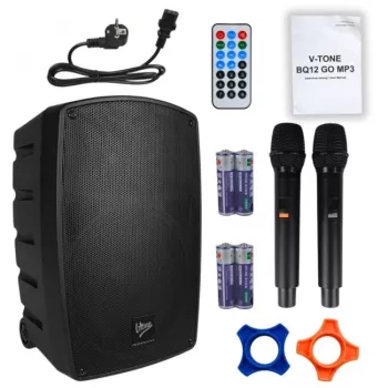 V-TONE BQ12 GO MP3 Aktiv-Lautsprecher 8 inch mit Akku, drahtlosem Mikrofon und Fernbedienung, Schwarz