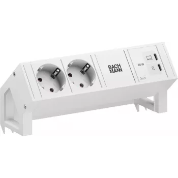 Bachmann DESK2 Pure White Desk Power Module mit 2x Schuko-Steckdosen und 65W USB-C PD, 0,2m Kabel, RAL 9010