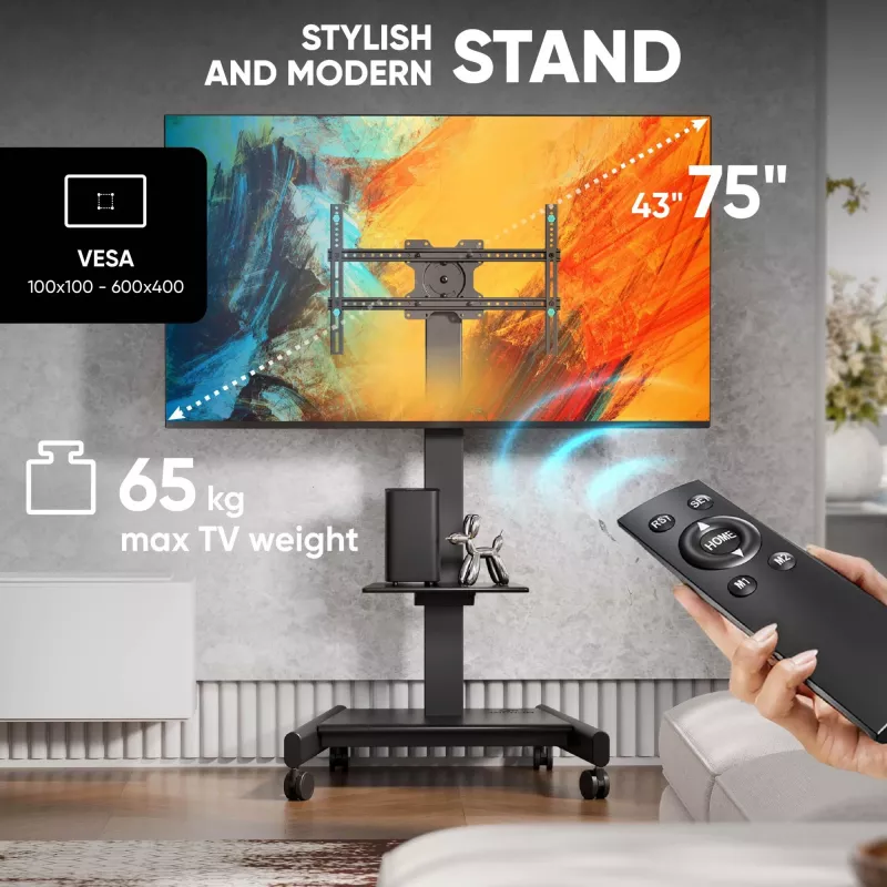 ONKRON TS1552E-B TV Mobile Stand für 43-75 Zoll Bildschirme, Schwarz