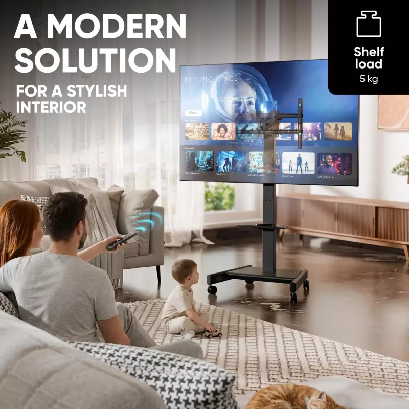 ONKRON TS1552E-B TV Mobile Stand für 43-75 Zoll Bildschirme, Schwarz