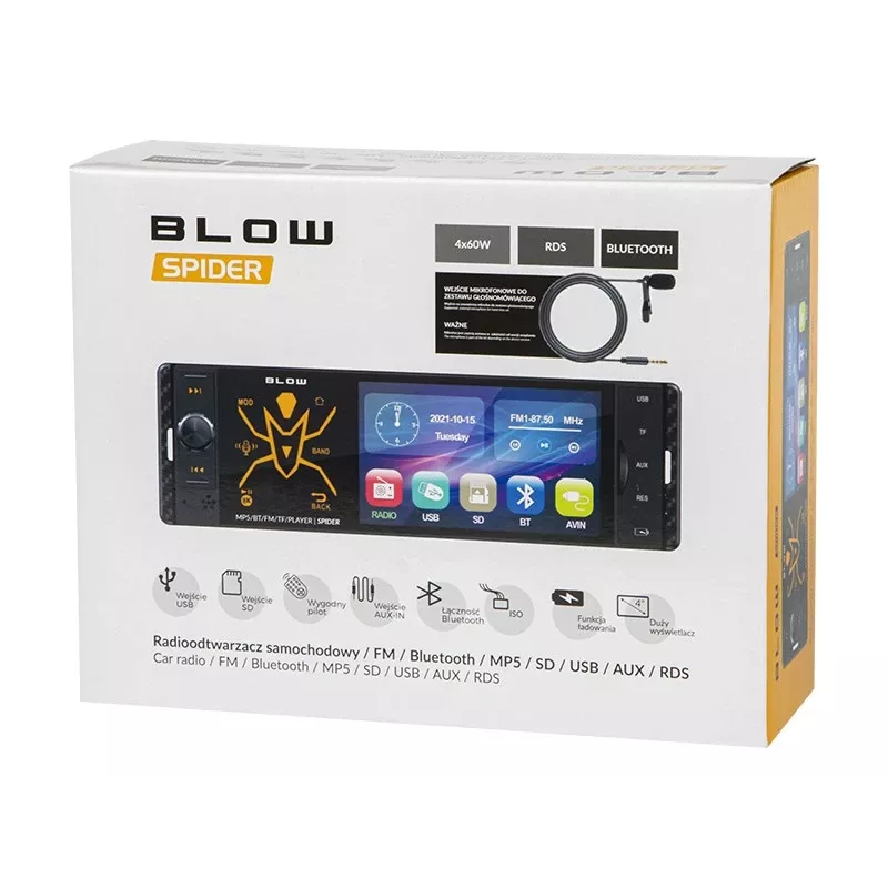 BLOW Spider 4CAL RDS RGB Autoradio mit Bluetooth, USB, SD, AUX, Touchscreen, RGB-Hintergrundbeleuchtung, Fernbedienung, 1 DIN, 4x45W