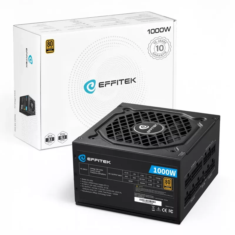EFFITEK Netzteil 1000W Gold ATX 3.1, PCIe 5.1 Modular Cable