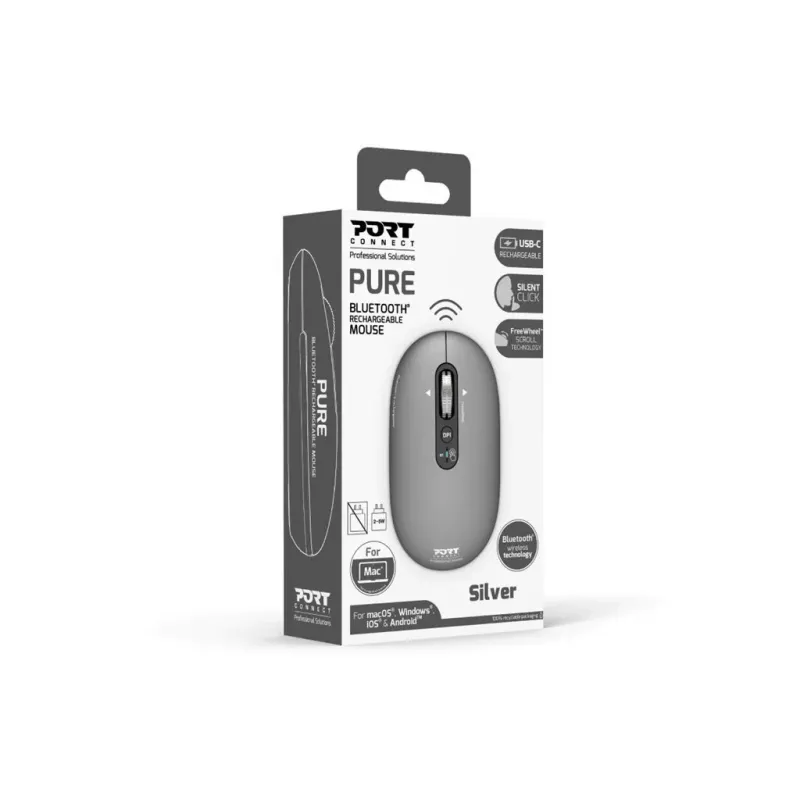 PORT Designs PORT Connect Professional PURE Kabellose wiederaufladbare Maus - Optisch - 4 Tasten - 2,4 GHz, Bluetooth - USB-Empfänger - Schwarz