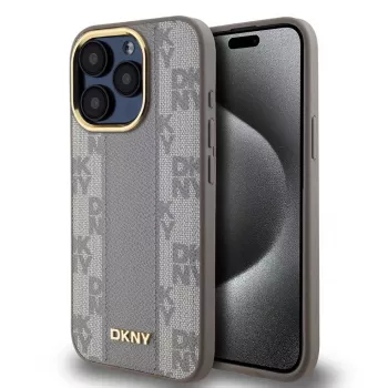 DKNY DKHMP15LPCPVSLE iPhone 15 Pro 6.1 Beige Hardcase Leder Karo Mono Muster MagSafe