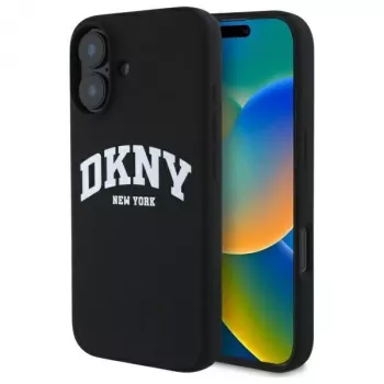 DKNY DKHMP16SSNYACH Hard Case für Apple iPhone 16 6,1 Zoll Schwarz Silikon mit weißem aufgedrucktem Logo MagSafe