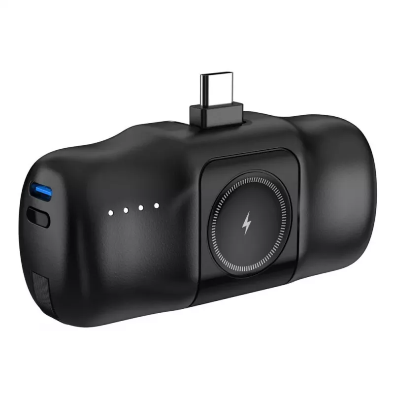 Mini Powerbank Wozinsky WF16-YCS 5000mAh 15W USB-C mit integriertem USB-C-Kabel und Apple Watch Ladegerät - Schwarz