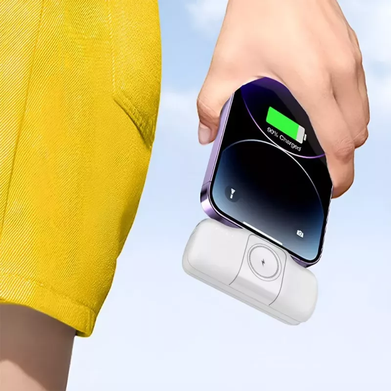 WOZINSKY WF16-YCS Mini Power Bank 5000mAh 15W USB-C mit integriertem USB-C-Kabel und Apple Watch-Ladegerät - Weiß