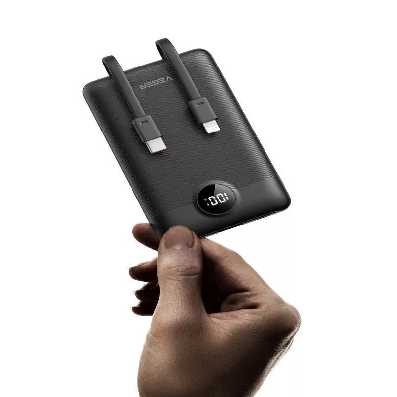 VEGER Powerbank C11 (W1170) PD QC3.0 22,5 W 10000 mAh mit integrierten USB-C- und Lightning-Kabeln, Schwarz