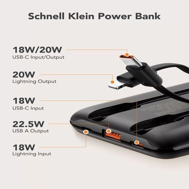 VEGER Powerbank C11 (W1170) PD QC3.0 22,5 W 10000 mAh mit integrierten USB-C- und Lightning-Kabeln, Schwarz