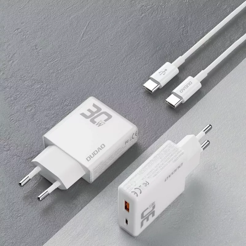 Dudao A30EU GaN 30W USB-C USB-A Wandladegerät mit USB-C auf USB-C Kabel 1m Weiß