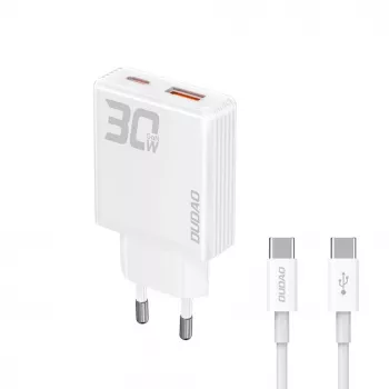Dudao A30EU GaN 30W USB-C USB-A Wandladegerät mit USB-C auf USB-C Kabel 1m Weiß