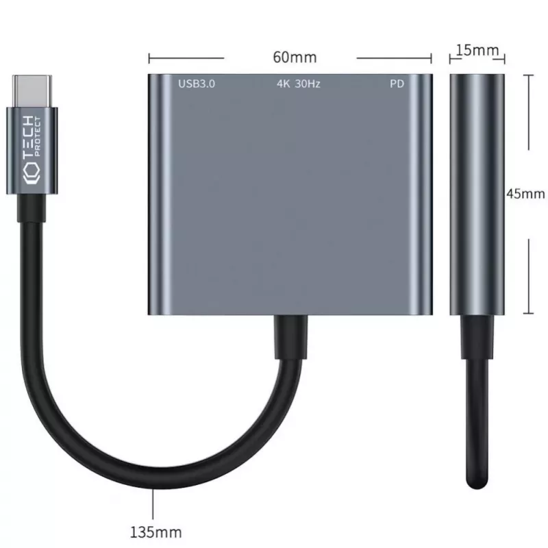 Tech-Protect V1 3in1 USB-C Hub Adapter - USB-A 3.0, USB-C PD 100W, HDMI 4K 30Hz - Grau