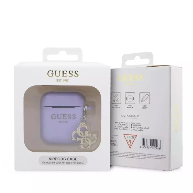 Guess Apple AirPods 1/2 Hülle Silikon Classic Logo Gold Charm Lila