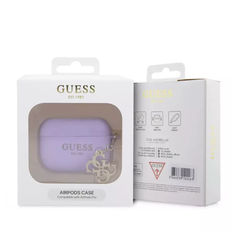 Guess Apple AirPods Pro Hülle Silikon Classic Logo Gold mit 4G Charm Lila