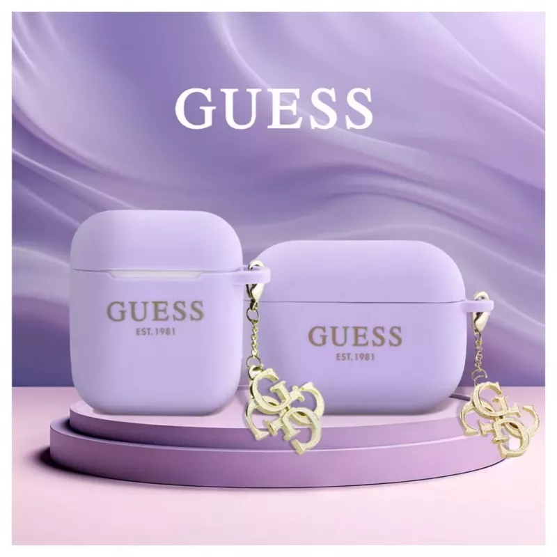 Guess Apple AirPods Pro Hülle Silikon Classic Logo Gold mit 4G Charm Lila